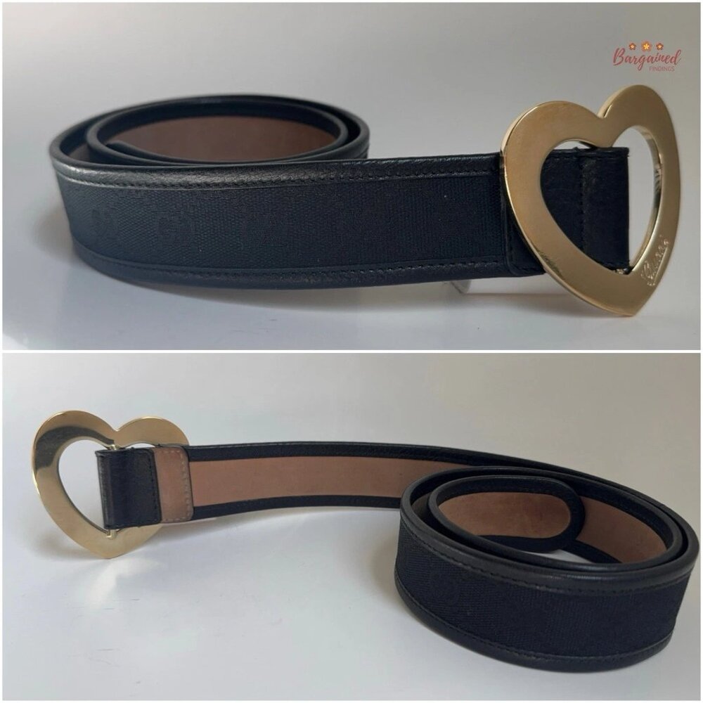 Authentic Gucci Black Monogram Canvas Leather Gold Heart Buckle Belt Size 75/30 - Picture 10 of 13